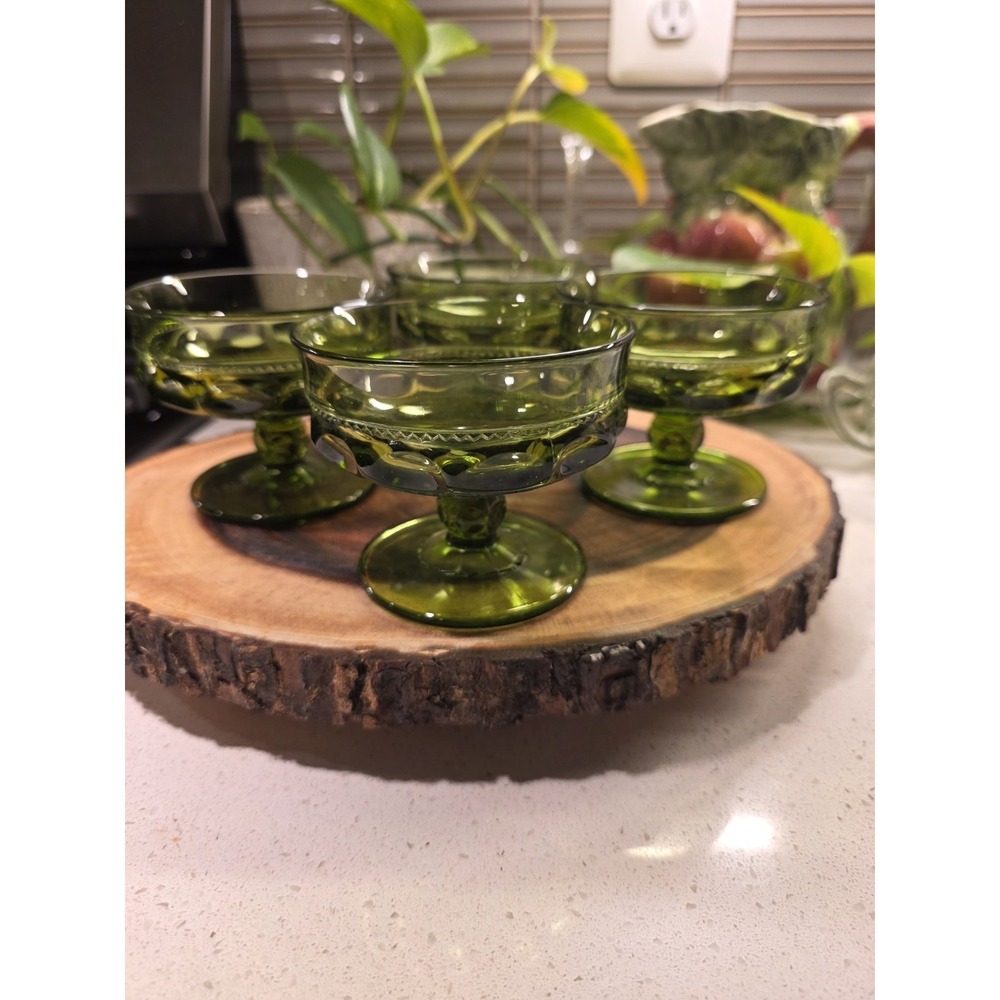VTG Avocado Green Indiana Glass‎ Kings Crown Thumbprint Dessert Goblet Set Of 4